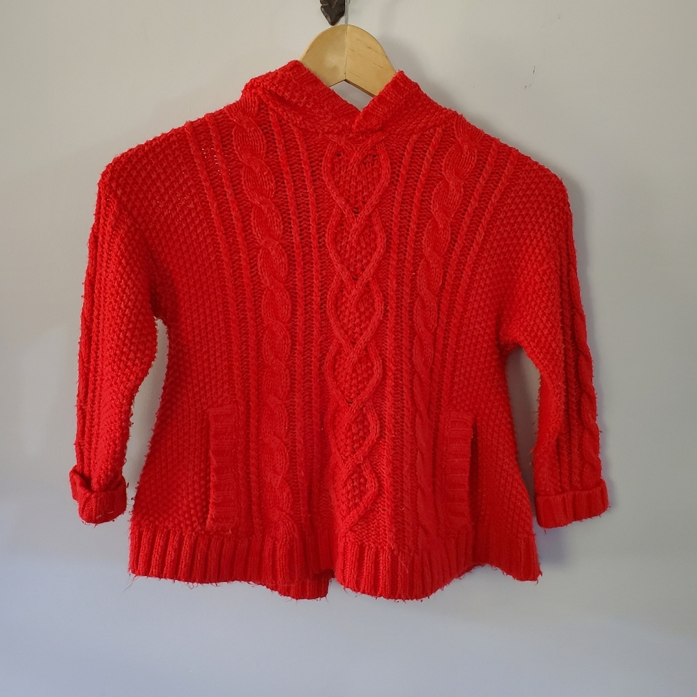 Mini boden Girls Red Sweater Hoodie With Blue Pompom, Size 4 - 5 Y